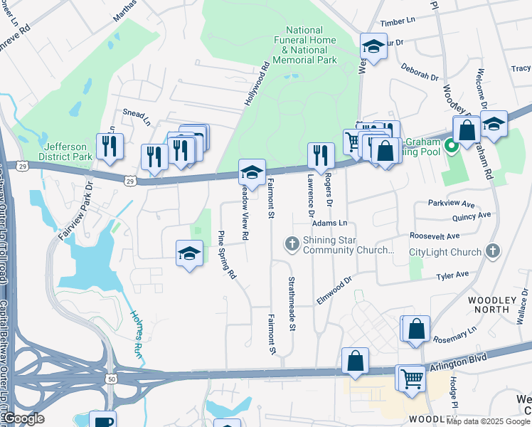 map of restaurants, bars, coffee shops, grocery stores, and more near 2900 Fairmont Street in Falls Church