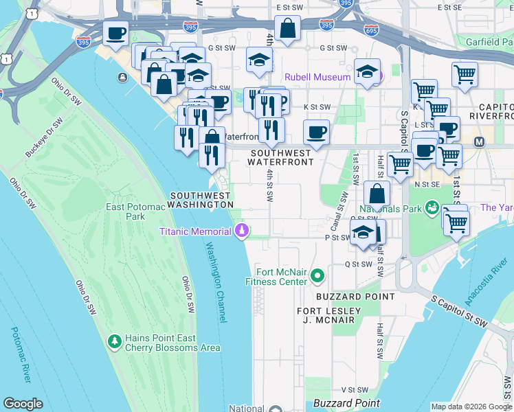map of restaurants, bars, coffee shops, grocery stores, and more near 101 Independence Avenue Southeast in Washington