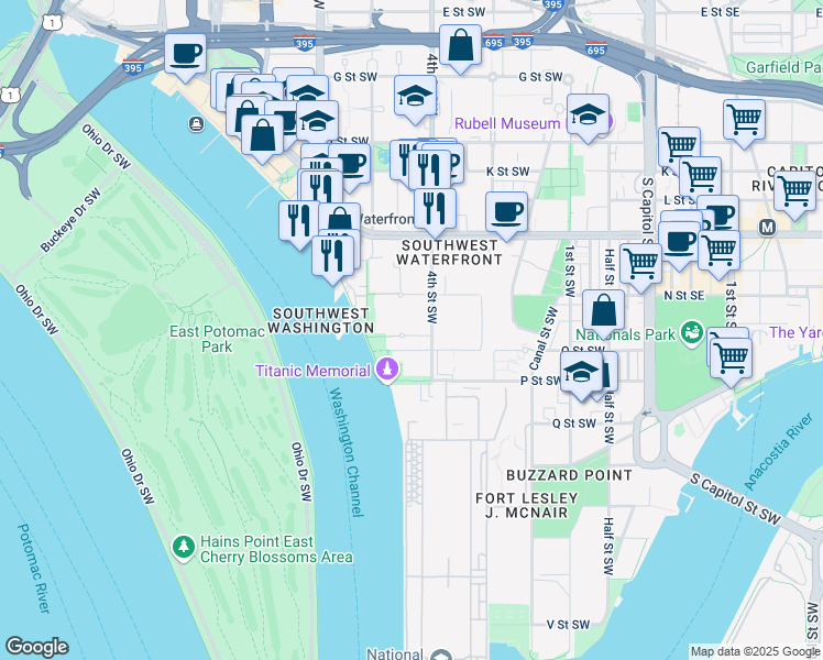 map of restaurants, bars, coffee shops, grocery stores, and more near 520 N Street Southwest in Washington