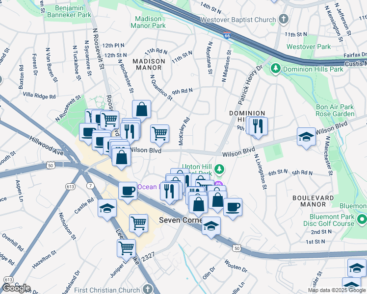 map of restaurants, bars, coffee shops, grocery stores, and more near 845 McKinley Road in Arlington