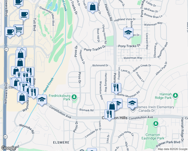 map of restaurants, bars, coffee shops, grocery stores, and more near 2960 Leoti Drive in Colorado Springs