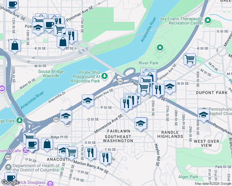 map of restaurants, bars, coffee shops, grocery stores, and more near 101 Independence Avenue Southeast in Washington