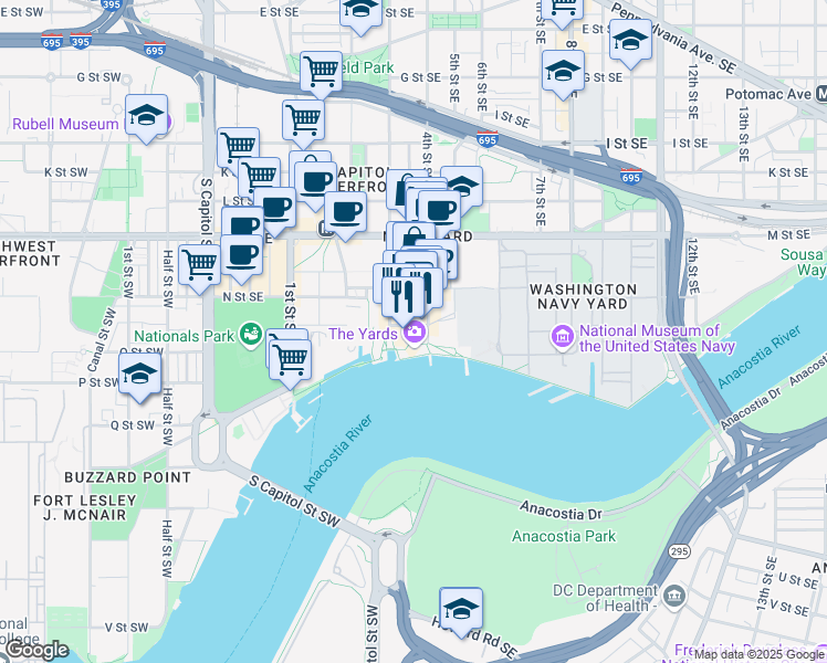 map of restaurants, bars, coffee shops, grocery stores, and more near 101 Independence Avenue Southeast in Washington