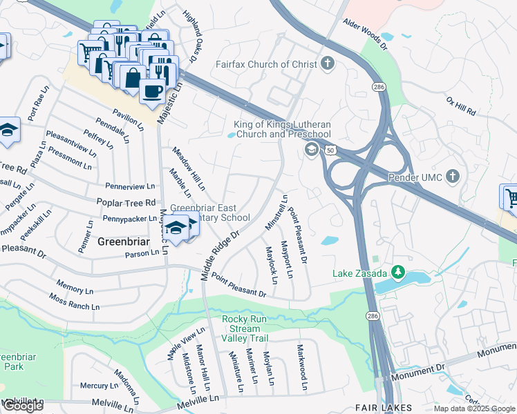 map of restaurants, bars, coffee shops, grocery stores, and more near 4112 Middle Ridge Drive in Fairfax