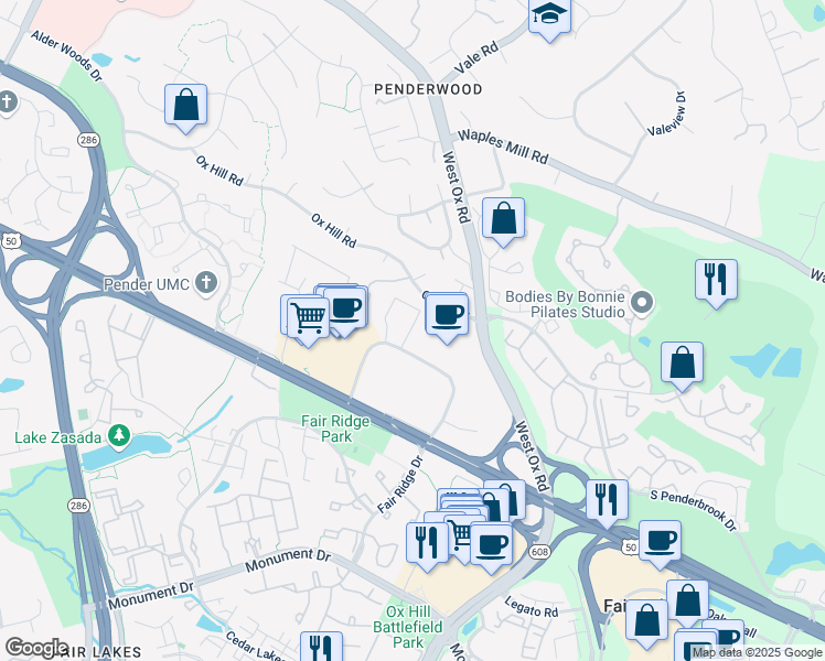 map of restaurants, bars, coffee shops, grocery stores, and more near 3955 Fair Ridge Drive in Fairfax