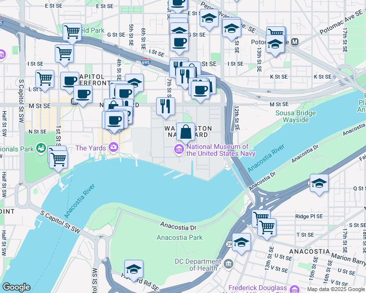 map of restaurants, bars, coffee shops, grocery stores, and more near Dahlgren Avenue Southeast in Washington