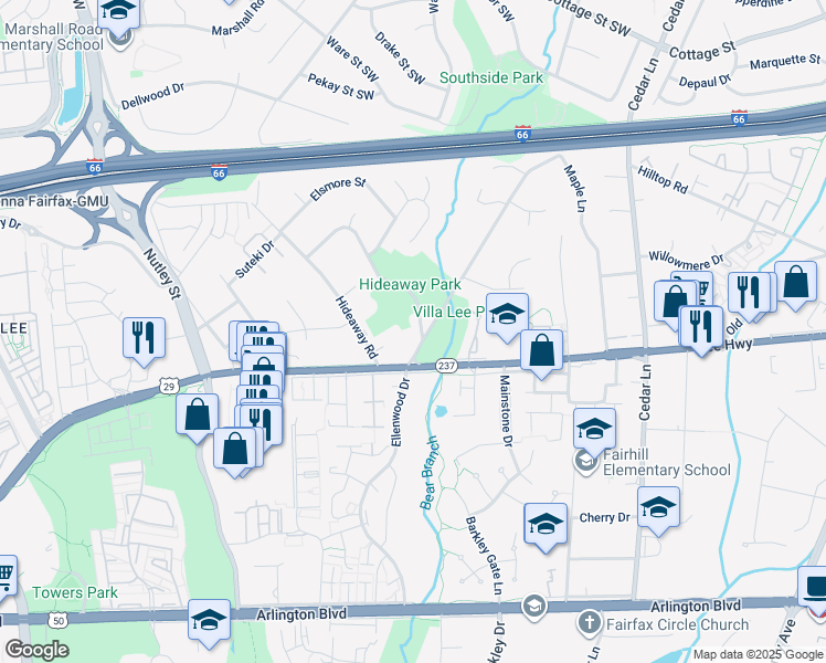 map of restaurants, bars, coffee shops, grocery stores, and more near 2918 Glenvale Drive in Fairfax
