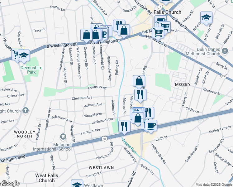 map of restaurants, bars, coffee shops, grocery stores, and more near 6720 Chestnut Avenue in Falls Church