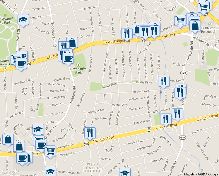map of restaurants, bars, coffee shops, grocery stores, and more near 6933 Custis Parkway in Falls Church