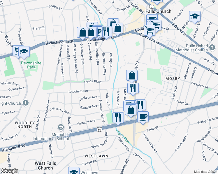 map of restaurants, bars, coffee shops, grocery stores, and more near 6722 Chestnut Avenue in Falls Church