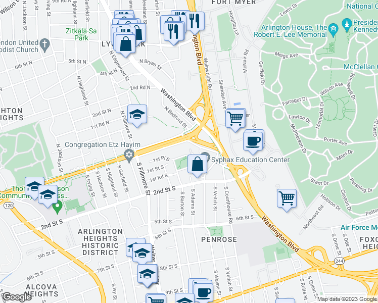 map of restaurants, bars, coffee shops, grocery stores, and more near 94 South Wise Street in Arlington