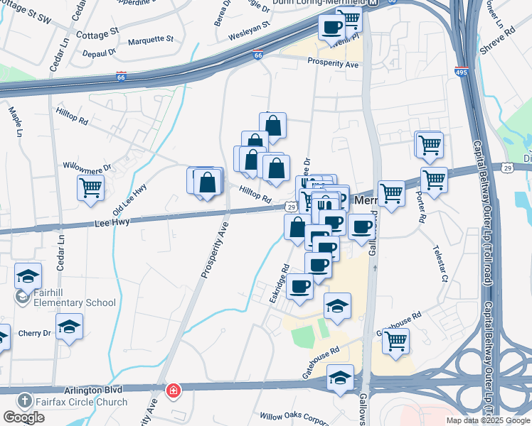 map of restaurants, bars, coffee shops, grocery stores, and more near 2969 Winter Jack Lane in Fairfax