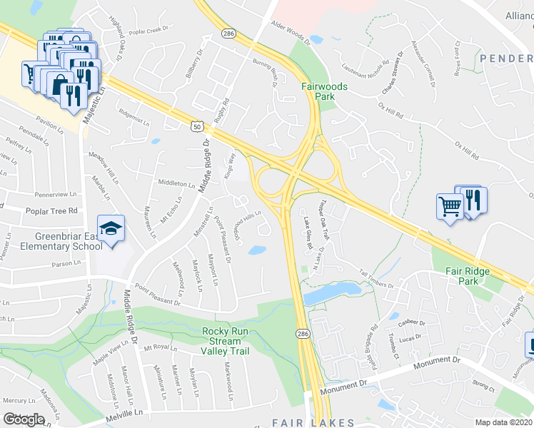 map of restaurants, bars, coffee shops, grocery stores, and more near 12770 Dogwood Hills Lane in Fairfax