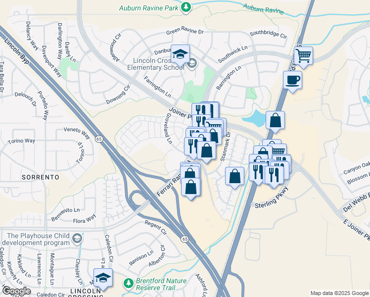 map of restaurants, bars, coffee shops, grocery stores, and more near 1000 Sierra View Circle in Lincoln