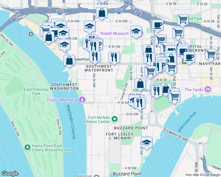 map of restaurants, bars, coffee shops, grocery stores, and more near 101 Independence Avenue Southeast in Washington