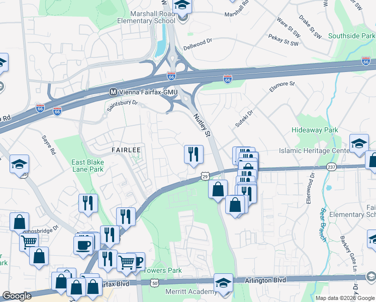 map of restaurants, bars, coffee shops, grocery stores, and more near 2975 Hunters Branch Road in Fairfax