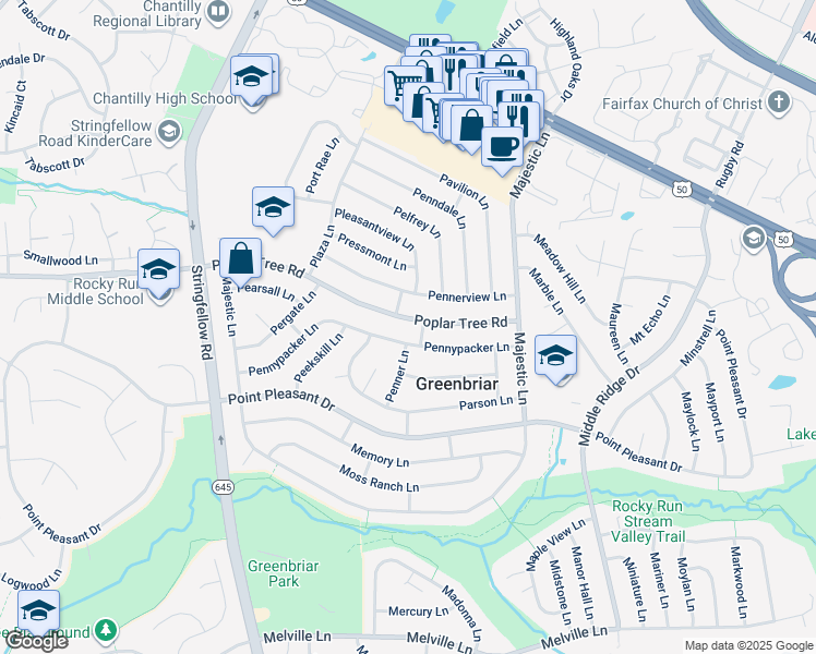 map of restaurants, bars, coffee shops, grocery stores, and more near 13127 Poplar Tree Road in Fairfax