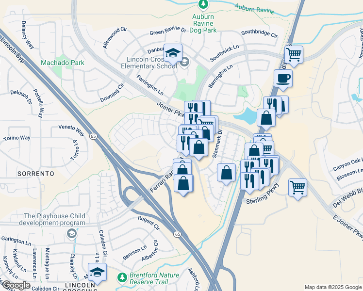 map of restaurants, bars, coffee shops, grocery stores, and more near 1000 Sierra View Circle in Lincoln