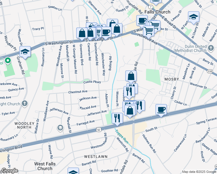 map of restaurants, bars, coffee shops, grocery stores, and more near 6722 Chestnut Avenue in Falls Church
