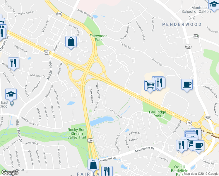 map of restaurants, bars, coffee shops, grocery stores, and more near 4063 Oak Village Landing in Fairfax