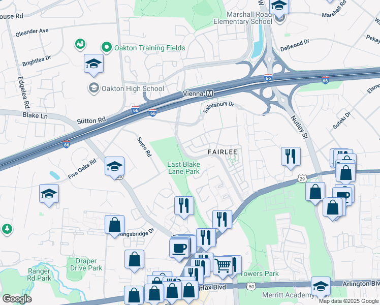 map of restaurants, bars, coffee shops, grocery stores, and more near 3002 Rittenhouse Circle in Fairfax