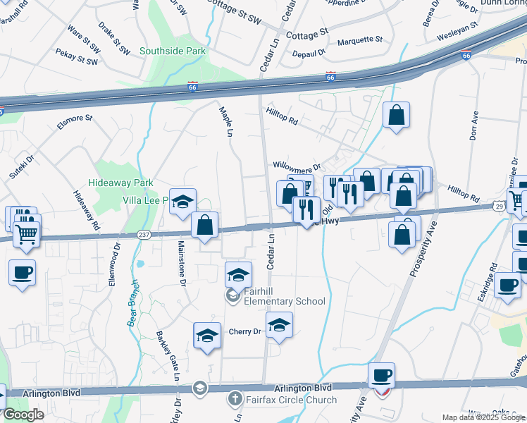 map of restaurants, bars, coffee shops, grocery stores, and more near 2900 Cedar Lane in Vienna