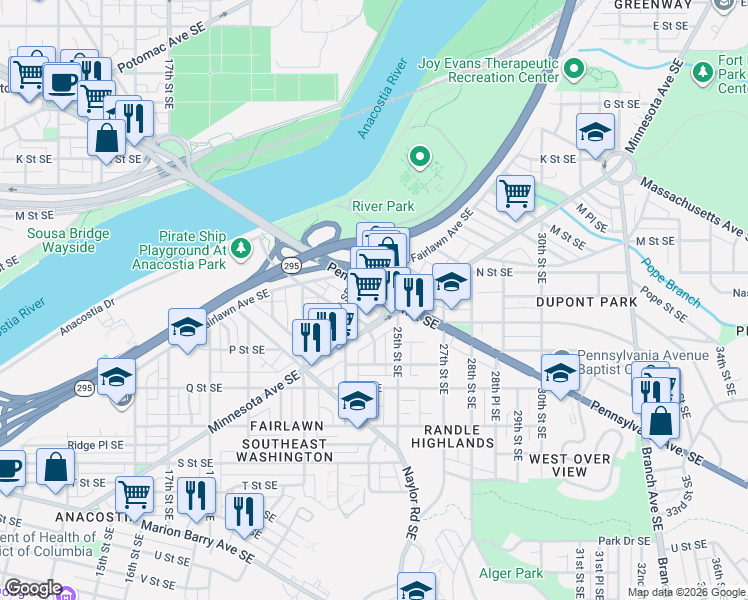 map of restaurants, bars, coffee shops, grocery stores, and more near 2335 Pennsylvania Avenue Southeast in Washington
