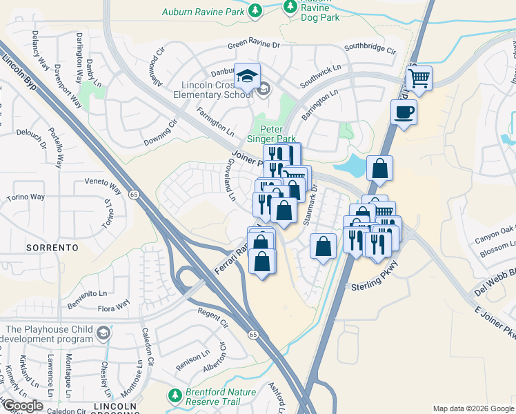 map of restaurants, bars, coffee shops, grocery stores, and more near 980 Sierra View Circle in Lincoln