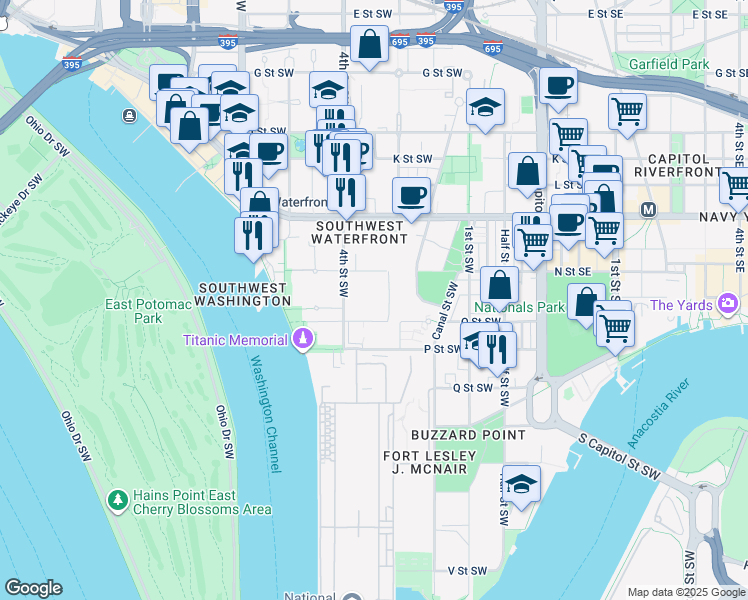 map of restaurants, bars, coffee shops, grocery stores, and more near 332 N Street Southwest in Washington