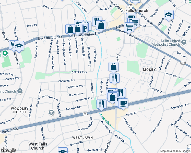 map of restaurants, bars, coffee shops, grocery stores, and more near 6720 Chestnut Avenue in Falls Church