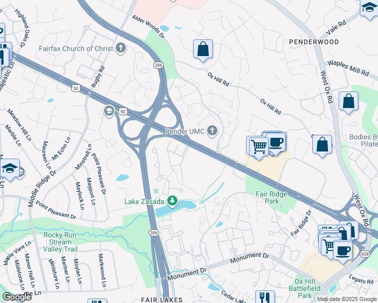 map of restaurants, bars, coffee shops, grocery stores, and more near 4063 Oak Village Landing in Fairfax