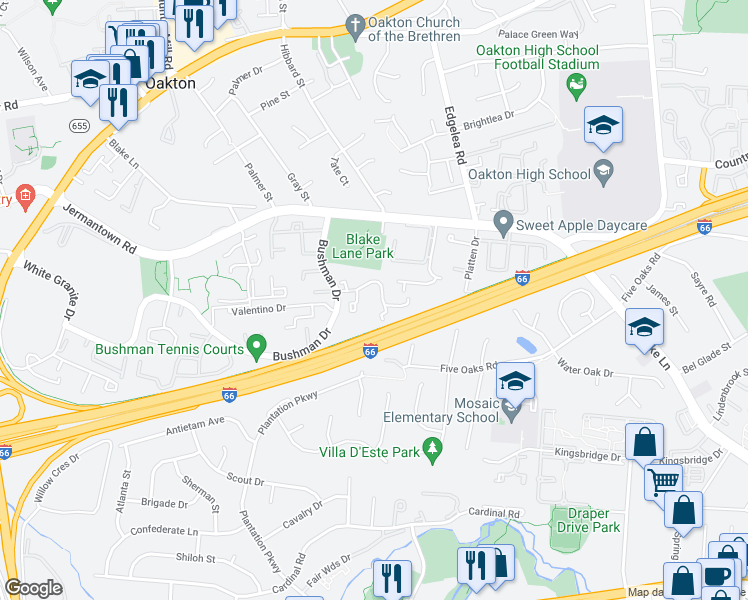 map of restaurants, bars, coffee shops, grocery stores, and more near 10033 Oakton Terrace Road in Oakton