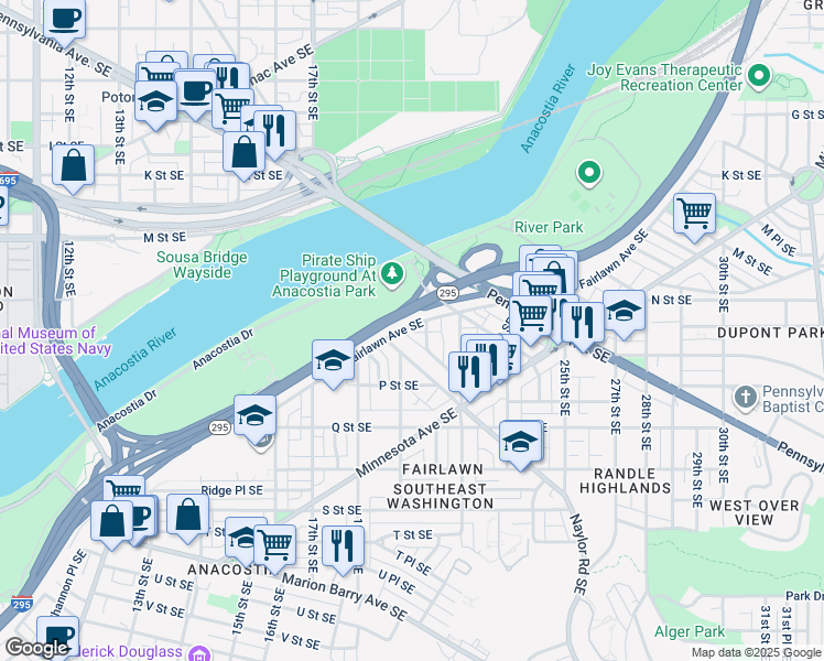 map of restaurants, bars, coffee shops, grocery stores, and more near 1955 Fairlawn Avenue Southeast in Washington