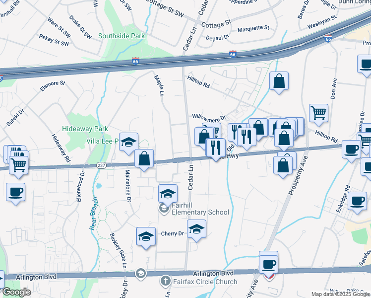 map of restaurants, bars, coffee shops, grocery stores, and more near 2900 Cedar Lane in Vienna