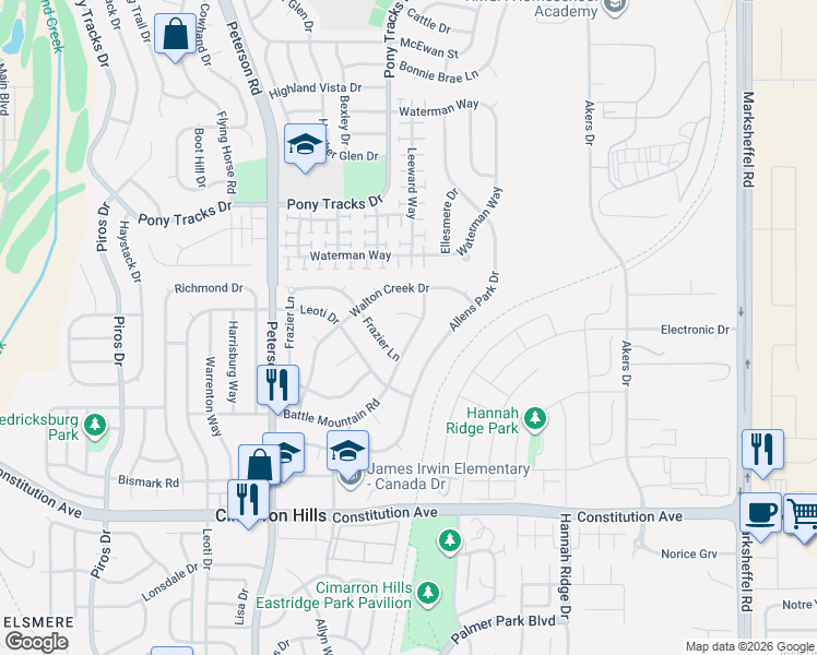 map of restaurants, bars, coffee shops, grocery stores, and more near 7120 Battle Mountain Road in Colorado Springs