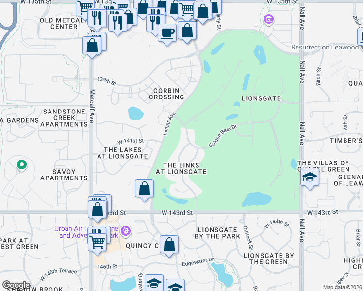 map of restaurants, bars, coffee shops, grocery stores, and more near 13904 Beverly Street in Overland Park