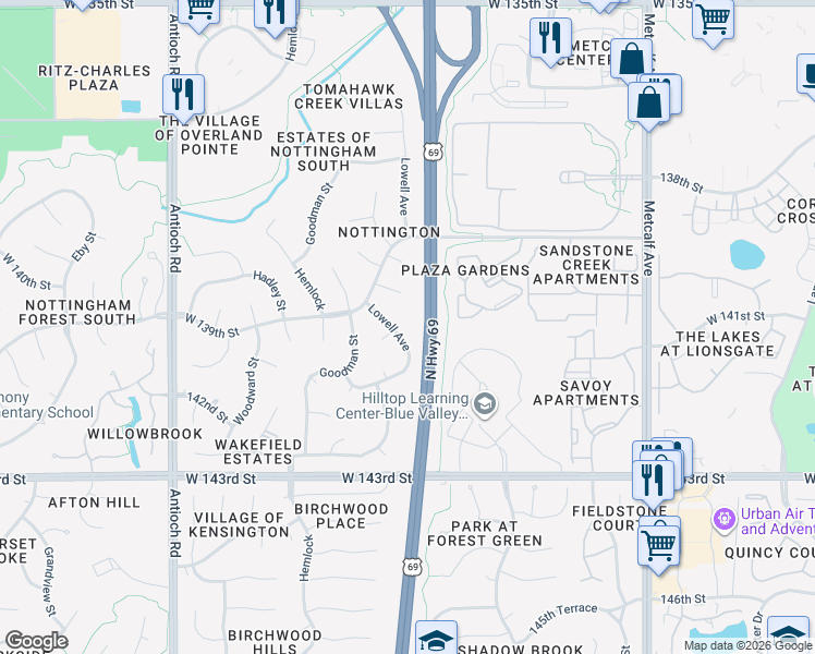 map of restaurants, bars, coffee shops, grocery stores, and more near 14005 Lowell Avenue in Overland Park