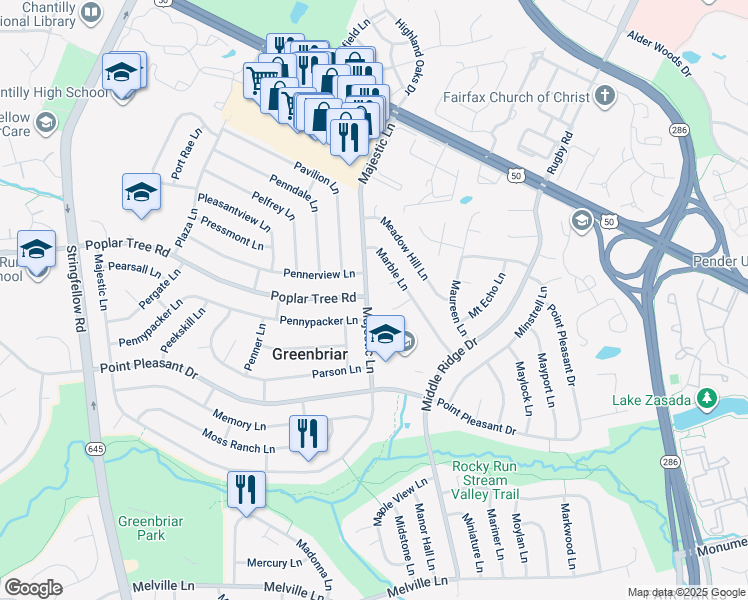 map of restaurants, bars, coffee shops, grocery stores, and more near 4209 Majestic Lane in Fairfax