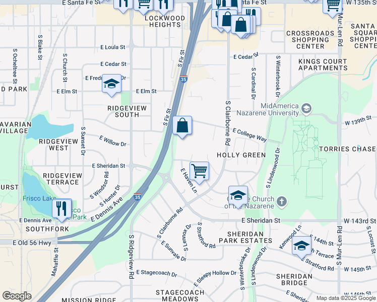 map of restaurants, bars, coffee shops, grocery stores, and more near 739 South Avalon Circle in Olathe