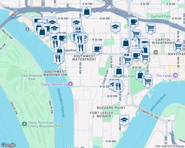 map of restaurants, bars, coffee shops, grocery stores, and more near 1311 Delaware Avenue Southwest in Washington