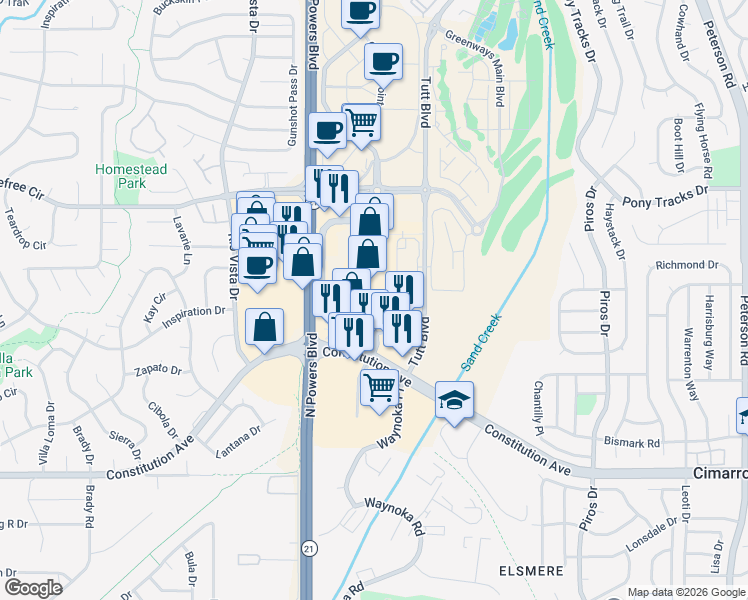 map of restaurants, bars, coffee shops, grocery stores, and more near 2945 New Center Point in Colorado Springs