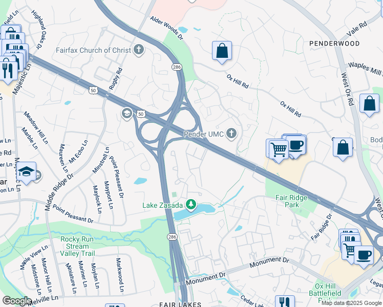 map of restaurants, bars, coffee shops, grocery stores, and more near 4044 Pender Ridge Terrace in Fairfax