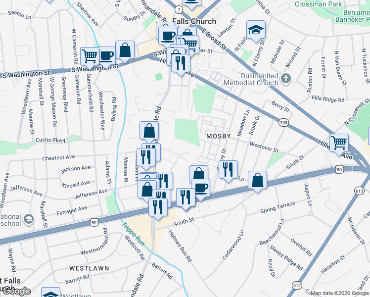 map of restaurants, bars, coffee shops, grocery stores, and more near 2900 Random Road in Falls Church