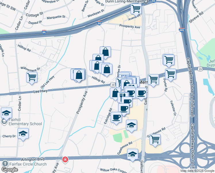map of restaurants, bars, coffee shops, grocery stores, and more near 8315 Lee Highway Service Road in Fairfax