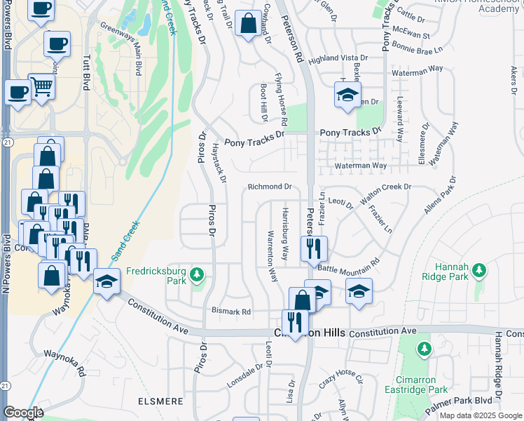map of restaurants, bars, coffee shops, grocery stores, and more near 2975 Leoti Drive in Colorado Springs