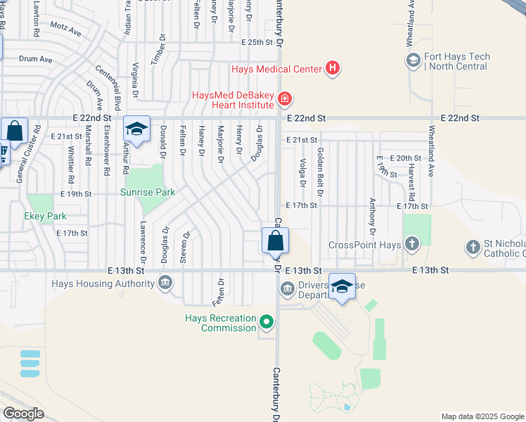 map of restaurants, bars, coffee shops, grocery stores, and more near 1500 Henry Drive in Hays