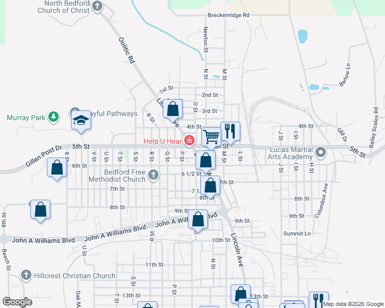 map of restaurants, bars, coffee shops, grocery stores, and more near 515 Lincoln Avenue in Bedford