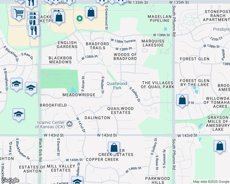 map of restaurants, bars, coffee shops, grocery stores, and more near 14097 South Greenwood Street in Olathe
