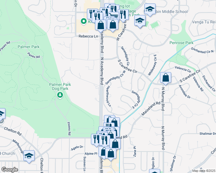 map of restaurants, bars, coffee shops, grocery stores, and more near 2821 Hearthwood Lane in Colorado Springs