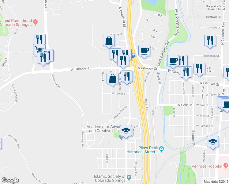 map of restaurants, bars, coffee shops, grocery stores, and more near 2905 Sage Street in Colorado Springs
